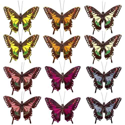 12pcs Earth Tone Butterfly Fall Decoration Thanksgiving Christmas Tree Ornaments 5-Inch Feather Butterfly Clip for Flower Bouquets Birthday Party Clothes Decor Xmas Wreath Crafts