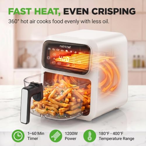 NutriChef 4.2QT Glass Air Fryer with 9 Preset Cooking Modes, Touchscreen, and Cool-Touch Handles