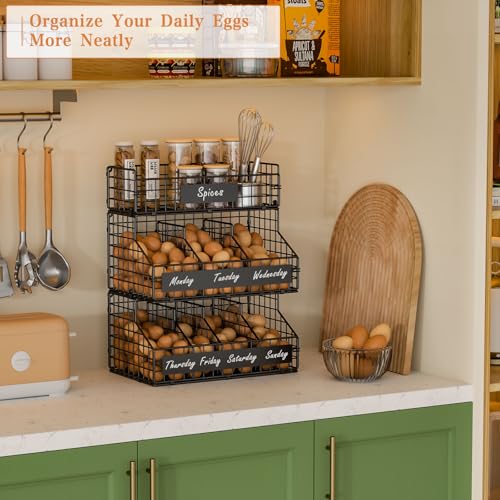 Black 3-Tier Egg Holder with 5 Adjustable Dividers & DIY Nameplate - Large Countertop Organizer