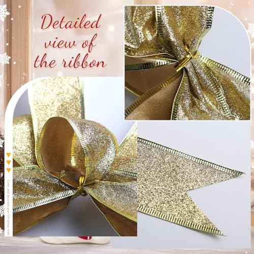 Glitter Christmas Bows Decor - 7.1x16.2 in Gold Bow Ornaments for Christmas Tree & Wreaths - Xmas Decorations for Home & Party