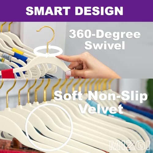Ivory Velvet Hangers 60 Pack with Gold Swivel Hooks - Non-Slip Heavy Duty Closet Organizers