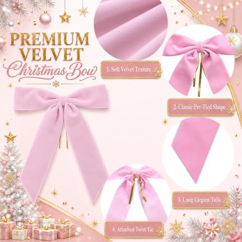Jobkoo Pink Velvet Christmas Bows Set - 24 Pre-Tied Holiday Tree Decorations