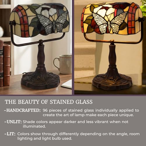 Multicolor Tiffany Style Bankers Desk Lamp with Stained Glass Butterfly Shade