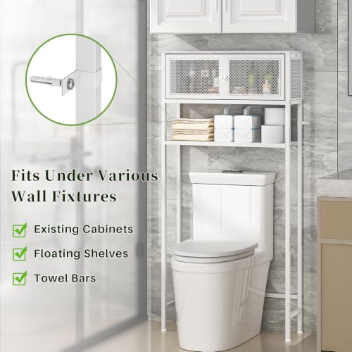 Over Toilet Storage Cabinet with Doors - White Bathroom Organizer Shelf