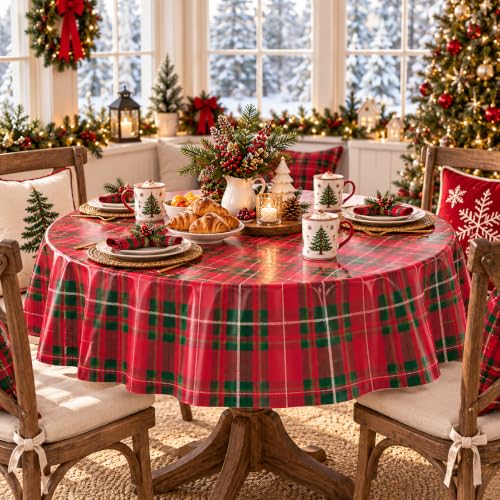 Jectivs 3-Pack 84 Inch Christmas Buffalo Checkered Plaid Disposable Tablecloths - Red & Green Holiday Party Supplies