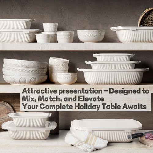 Artena Ceramic Casserole Dish Set with Lids - White, 3 Sizes (5.1Qt, 2.3Qt, 1.1Qt)