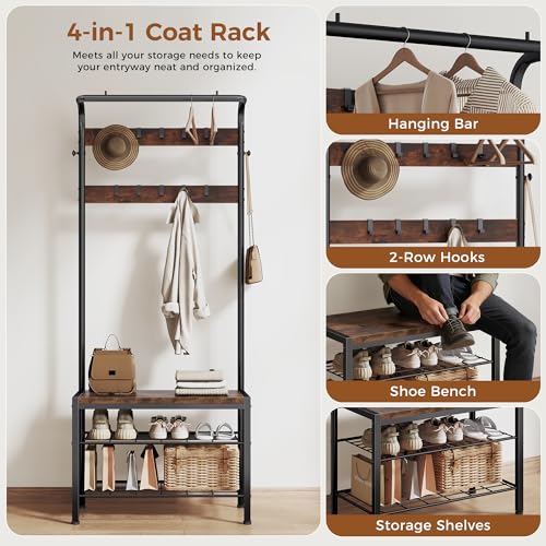 DUMOS 5-in-1 Hall Tree with Coat Rack Shoe Bench & 13.5x28.7x73 Dark Brown