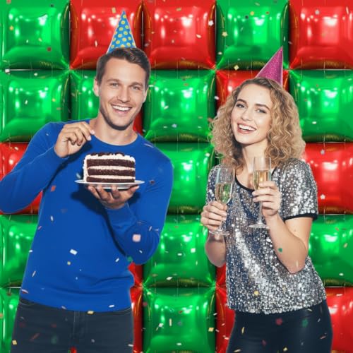 Christmas Red & Green Square Foil Balloons Kit - 50pcs + Balloon Garland Set | HKYOOD