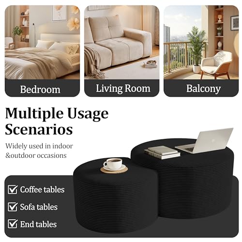 Round Nesting Coffee Table Set of 2,Upholstered Foam Ottoman Footrest