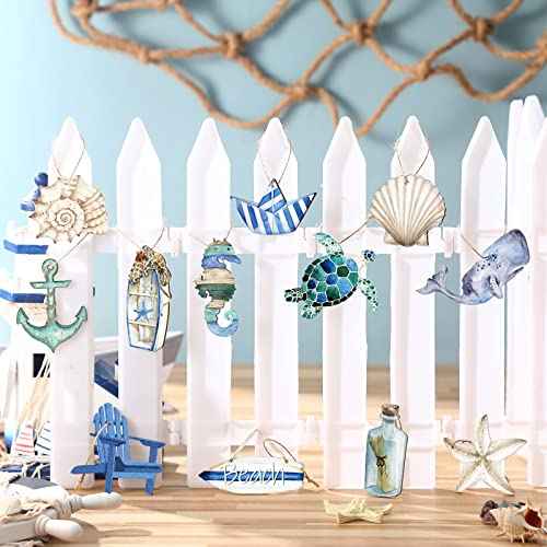 Maitys 36 Pcs Beach Christmas Wooden Ornaments Ocean Xmas Tree Decorations Coastal Nautical Seaside Wood Cutouts Navigation Hanging Ornaments Xmas Decorations for Home Tree Small Crafts(Beach Sea)