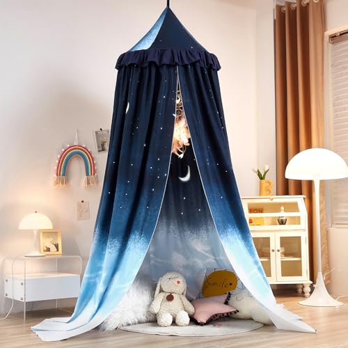 Kertnic Night Sky Ruffle Princess Bed Canopy for Girls Room Decoration, Mosquito Net & Play Tent