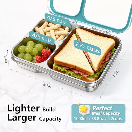 Blue Stainless Steel Bento Lunch Box 3-Compartment 34oz - Leakproof, Food Safe