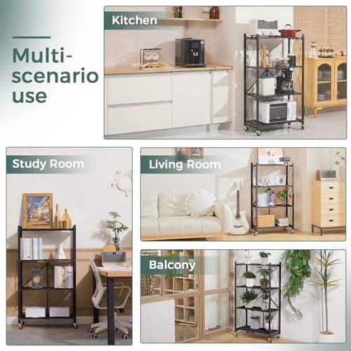 Foldable 4-Tier Metal Storage Shelves with Wheels - Large Capacity Organizer, No Assembly, Black Variation 1