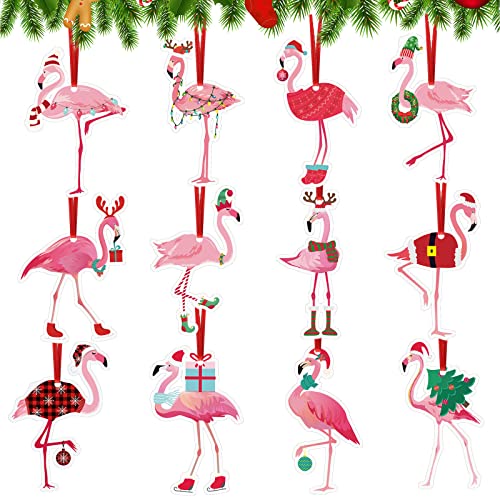 Blulu Christmas Flamingo Ornaments - Wooden Pink Hanging Decor, Set of 12, Flamingo Style