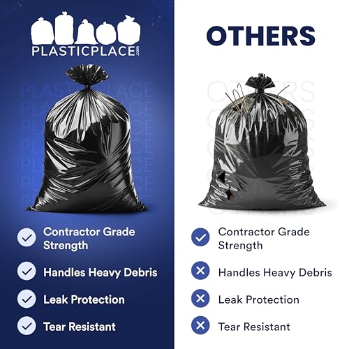 Heavy Duty Contractor Trash Bags 40-45 Gallon 3.0 Mil Black 50 Count - Puncture & Tear Resistant