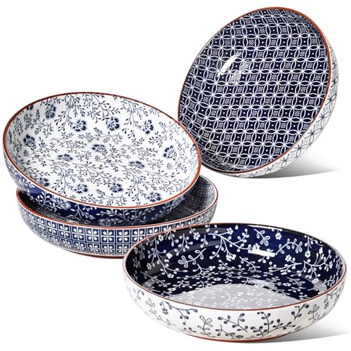 LE TAUCI Vintage Blue 32 oz Ceramic Pasta Bowl Set of 4 - Japanese-Style Serving Bowls