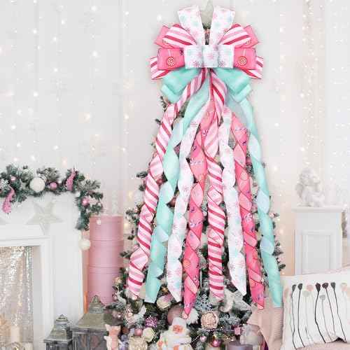 DIYDEC Pastel Christmas Tree Topper 43x13 Inches Large Christmas Tree Toppers Bows Pink Wreath Bow for Xmas Ornaments Party Holiday Home Wedding Decoration