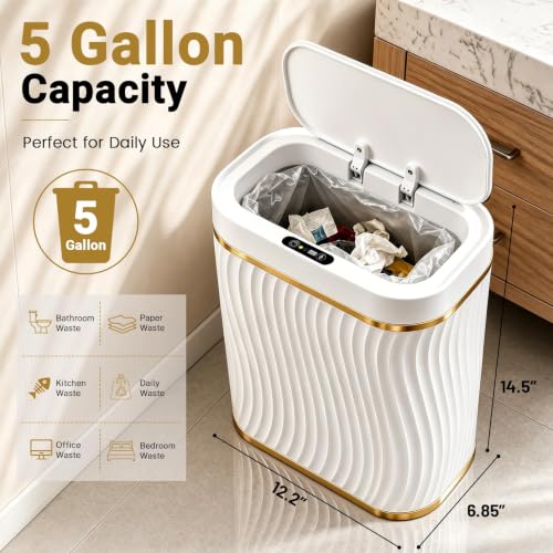Ogikey 5 Gallon Touchless Bathroom Trash Can - Waterproof Sensor Garbage Bin - White
