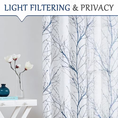 FMFUNCTEX Blue & White Linen Semi-Sheer Tree Branch Curtains, 84 Inch, Pack of 2, Branch Variation