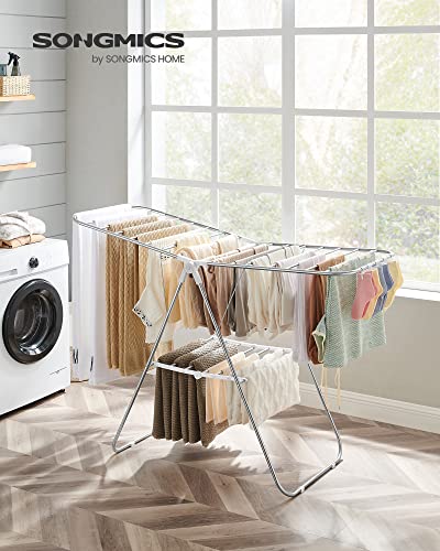 SONGMICS Silver & White Foldable Steel Clothes Drying Rack 1-Tier, Space-Saving Laundry Organizer