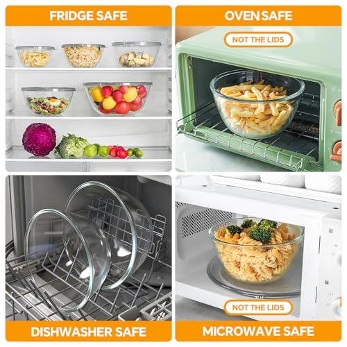 Glass Mixing Bowls with Lids Set of 5 - Transparent - Nesting Kitchen Bowls for Baking Cooking Storage