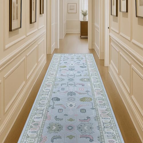 Cream Blue Faded Oushak Rug - Vintage Floral Pastel Large Area Rug for Living Room & Bedroom - 2'6" x 6'6" Variation