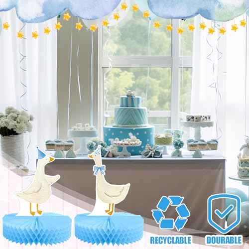 Lincia 12 Pcs Silly Goose Birthday Party Decorations Birthday Honeycomb Centerpieces Silly Goose Cake Balloon Topper for Bow Duck Party Supplies(Blue)