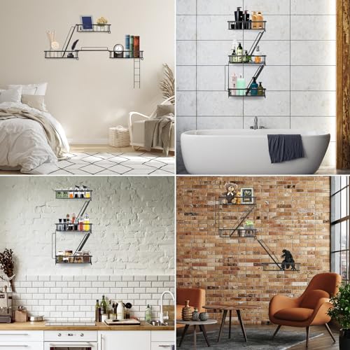 Black 3-Tier Fire Escape Wall Shelf - NYC Style Ladder Floating Shelves for Bedroom & Home Office