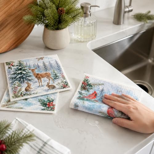 CRYSFIY 6 Pack Christmas Swedish Dishcloths B-multicolor Xmas Winter Woodland Designs, Reusable Kitchen Cloths