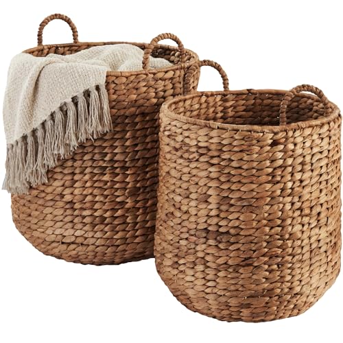 Water Hyacinth Basket Set - 2-Piece Nesting Storage Bins with Handles, Chestnut