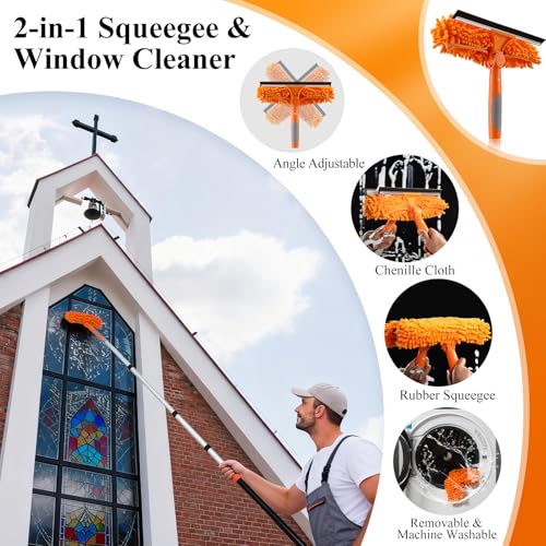 26ft High Reach Duster Kit with 20ft Extension Pole for Ceiling & Fan Cleaning - Includes Cobweb & Window Squeegee