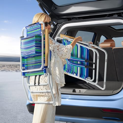Yestomo Striped Blue & Green Tall Backpack Beach Chair, 17" Seat Height, 5 Reclining Positions, Supports 350lbs