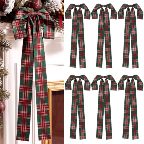 6 Pcs Large Green Red Plaid Christmas Bows - Pre-Tied Tartan Ribbon Toys