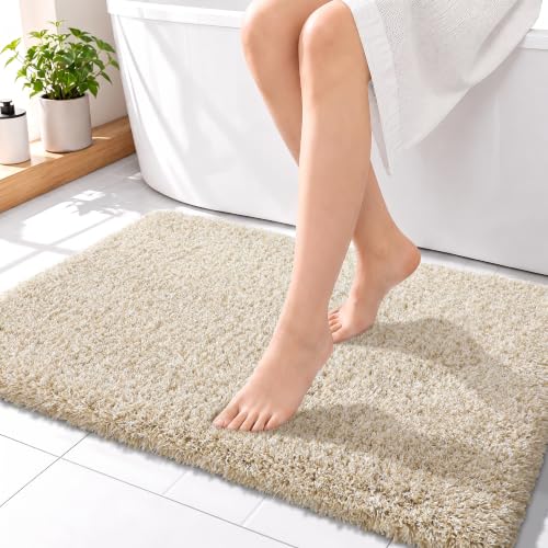 Yimobra Non Slip Washable Plush Bathroom Rug 36x24 Inches - Light Beige & White