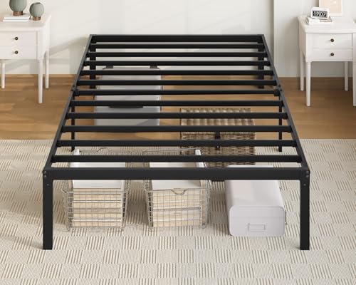 Allewie Twin Bed Frame with Storage - 14 Inch Metal Bed Frame Black - Stable & Easy Assembly
