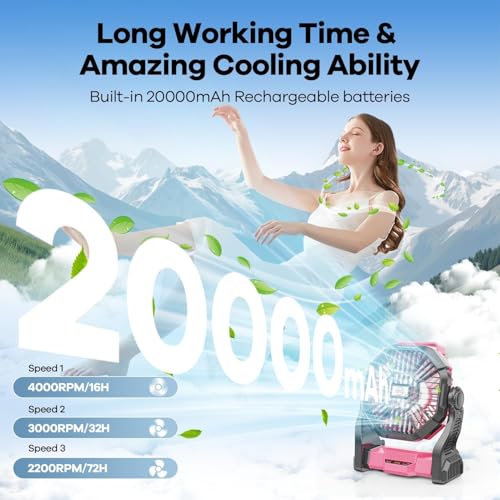 Pink Portable Battery-Powered Camping Fan with LED Light & 20,000mAh Power Bank