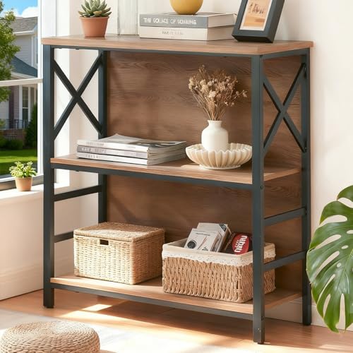 Brown 3-Tier Small Bookshelf - Industrial Metal Frame & Backboard, Rustic Compact Storage