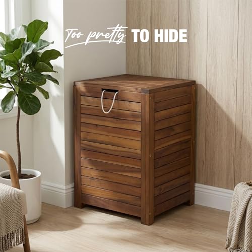 GREEN ALLUVIUM 90L Laundry Hamper with Lid & Handles, Acacia Wood, Brown