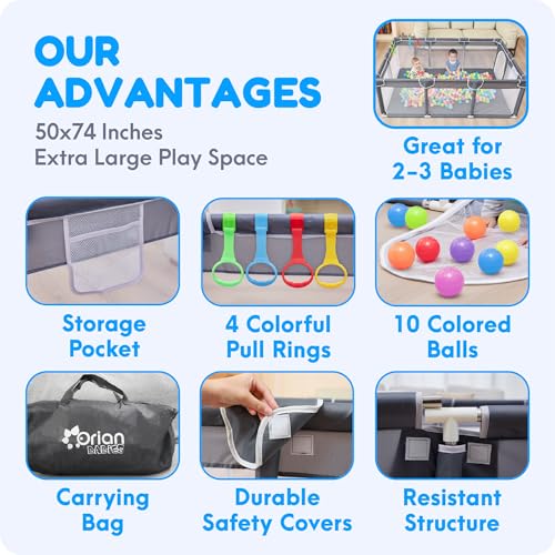 Baby Playpen 50x74 Large Play Yard for Toddlers & Babies - Grey