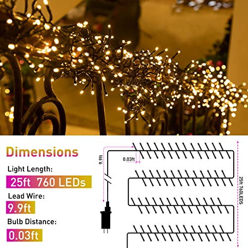 Quntis Warm White 760 LED Firecrackers Christmas Tree Lights, 25ft Black Wire, 8 Modes, IP44 Waterproof