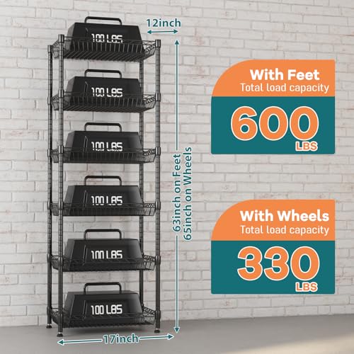 17W x 12D x 63H Black 6-Tier Rolling Storage Cart with Adjustable Shelves