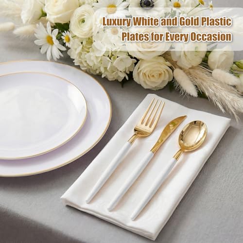 DaYammi Gold Disposable Dinnerware Set with White Handles - 150Pcs, Elegant Party Wedding