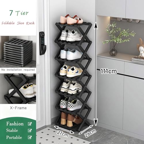 Foldable 7-Tier Vertical Shoe Rack - Black, Space-Saving & Portable