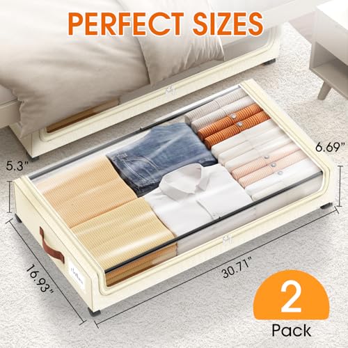 Beige Under Bed Storage Containers with Wheels 2-Pack - Clear Window & Leather Handles