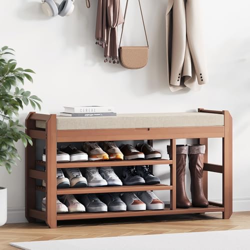 39.4-Inch Entryway Shoe Rack Bench with Adjustable Shelves and Cushioned Seat - Natural Bamboo