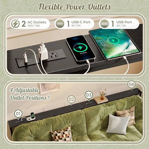 110.2-Inch Adjustable Sofa Table with Power Outlets - Black / 23.9-34.4" H