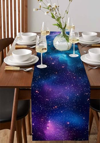 Starry Sky Space Galaxy Table Runner 13x120 Inches - Celestial Linen Burlap Decor