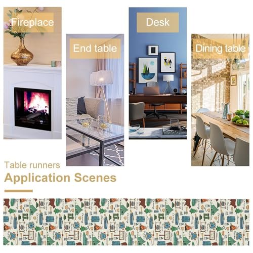 KANEPE Camping Blue Forest Animal Bear Pattern Linen Table Runner 13x36in for Indoor Outdoor Dining