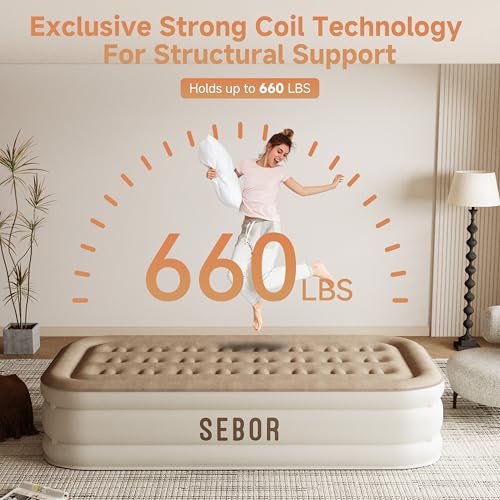 Sebor Twin Air Mattress with Built-In Pump Khaki 18" - Self-Inflating, Durable Guest Bed for Camping & Travel