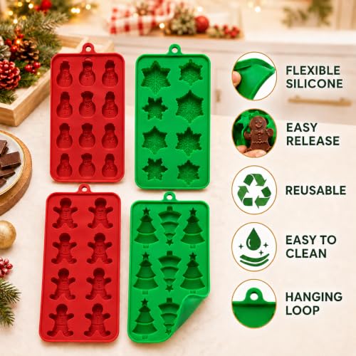Christmas Silicone Molds 4-Pack Gingerbread Tree Snowflake Snowman Candy Chocolate Mold Set